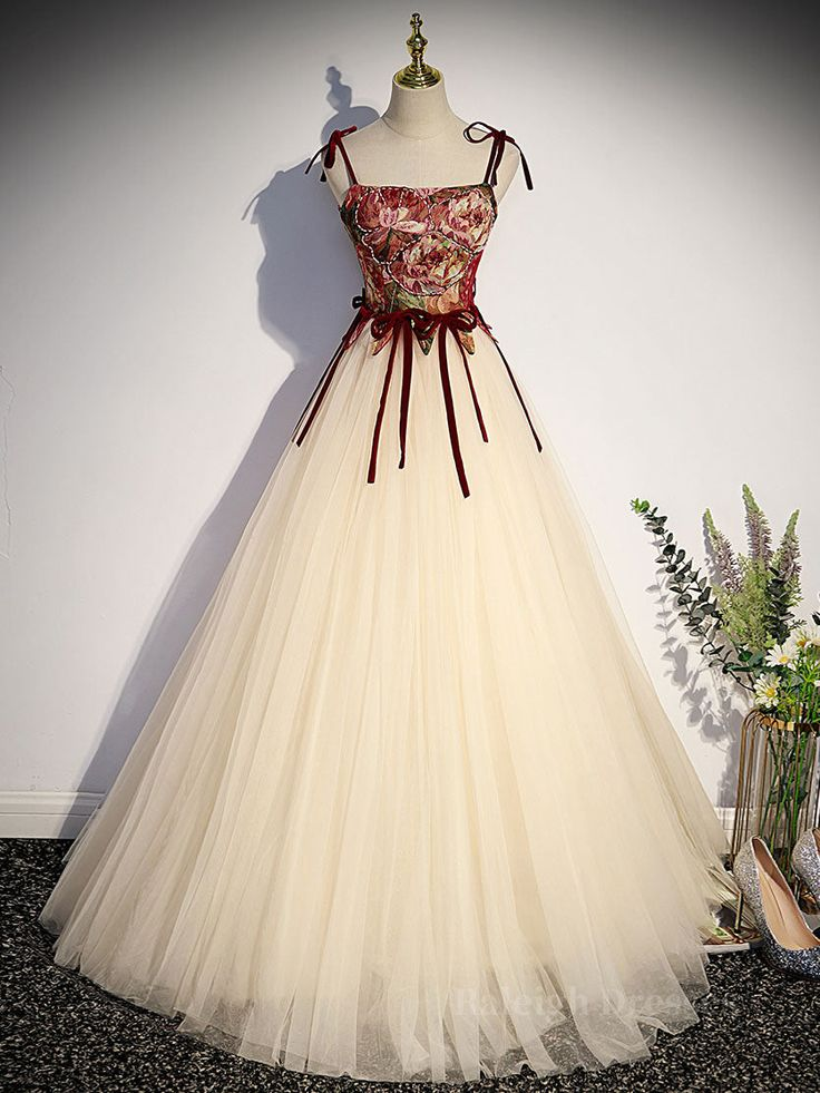 Vintage Tulle A Line Long Prom Dress Spaghetti Straps Evening Dress Ball Gown  Y7662