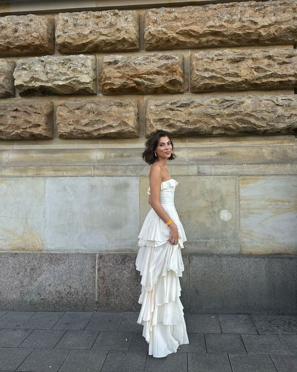 Elegant Strapless Satin Layered Slit Evening Dress,Formal Ivory Prom Dress Wedding Dress Y8247