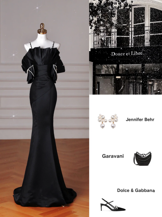 Elegant Black Spaghetti Straps Satin Off The Shoulder Mermaid Evening Dress Prom Dress Y8641