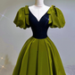 Sexy Green Satin V Neck Puff Sleeves Prom Dress Brithday Ball Gown Party Dress Y7600