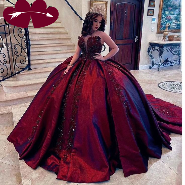 Gorgeous Burgundy Appliques Beaded Ball Gown A Line Quinceanera Dress Y7680