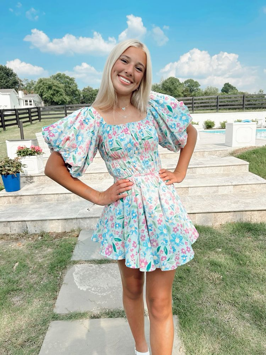 Puff Sleeve Floral Dress,Chic Floral Homecoming Dress Y2753