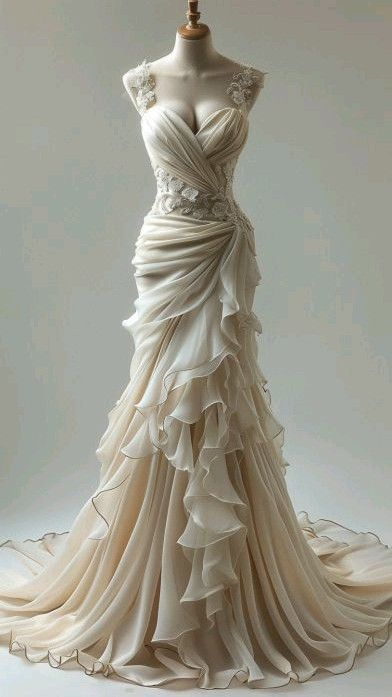 Luxury Ivory Chiffon Appliques Layered Pleated Prom Evening Dress Formal Mermaid Wedding Dress Y8031