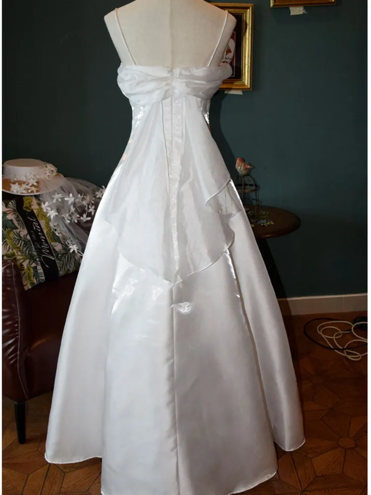 Elegant White Satin Spaghetti Straps Prom Dress Fairy A Line Princess Dress Evening Gown Y7556