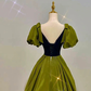 Sexy Green Satin V Neck Puff Sleeves Prom Dress Brithday Ball Gown Party Dress Y7600