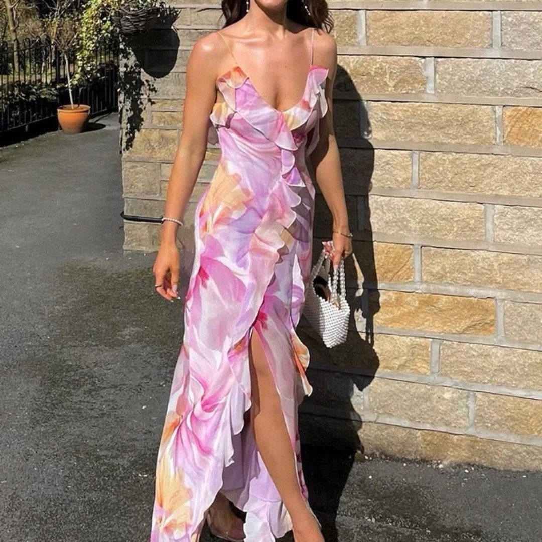 Beautiful Ruffle Graphic Floral Print Low Backless Long Prom Dress,Slit Party Evening Dress Y8099