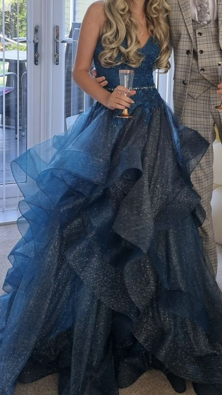 Shiny Blue V-neck Tulle Appliques Sequins Long Prom Dress, Spaghetti Strap Evening Dress Y8051