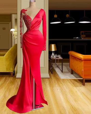 Long Red Satin Evening Dresses, Sheer Neckline Long Sleeve Beaded African High Slit Women Formal Prom Dress S24678