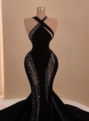 Sexy Black Mermaid Long Prom Dress with Train,Chic Black Evening Gown Y4178