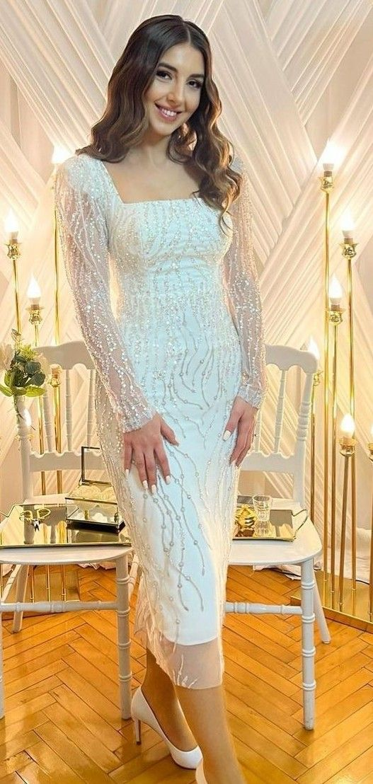 White Sequin Formal Prom Dress Long Sleeve,White Engagement Dress Y6588