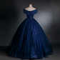 Beautiful Navy Blue Appliques Beaded Ball Gown Off The Shoulder Evening Dress  Y7677