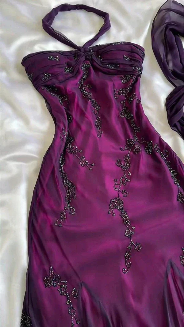 Vintage Halter Purple Beaed Chiffon Mermaid Prom Dress Long Party Evening Dress Y7503