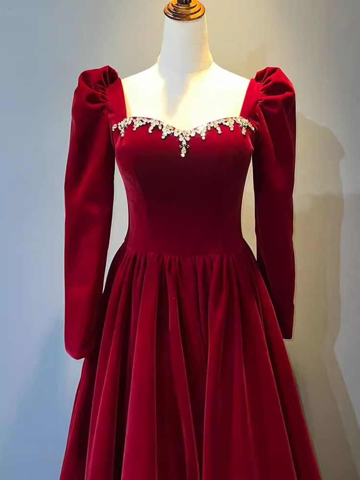 Beautiful A Line Red Velvet Prom Dress Sweatheart Party Dress Brithday Ball Gown Y7588