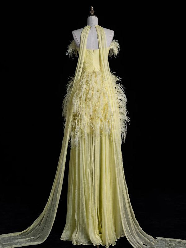 Gorgeous Tulle Feathers Strapless Evening Dress Yellow Formal Evening Gown Y8007