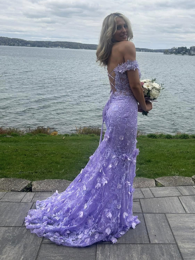 Pretty Off the Shoulder Mermaid Lilac Lace Floral Long Prom Dresses, High Slit Graduation Evening Dresses Y7848