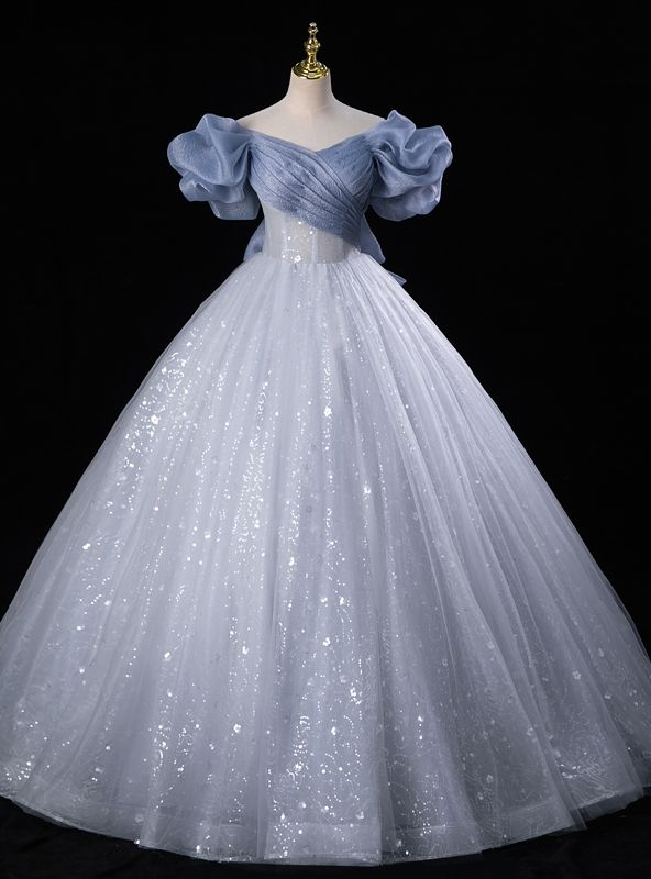 Sweet Blue Tulle Sequins Evening Dress Fairy Ball Gown Y7679