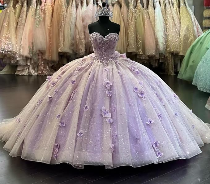 Lilac 3D Flowers Ball Gown Quinceanera Dresses Puff Long Sleeves  Y6580