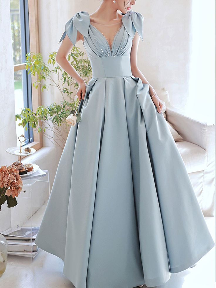 Blue V Neck Satin Long Prom Dress, Blue Satin Evening Dresses Y4780