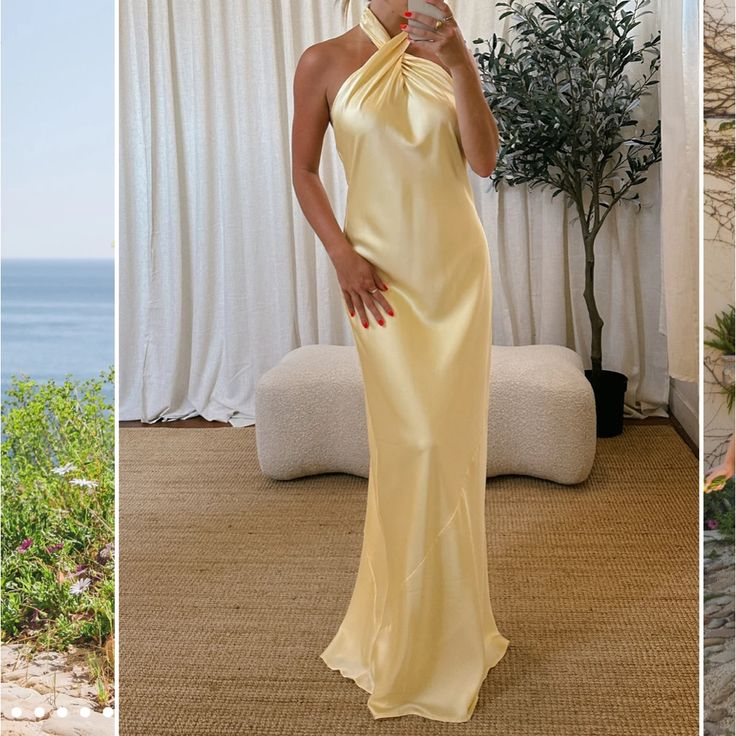 Yellow Halter Long Prom Dress Simple Satin Birthday Party Gown Y7940