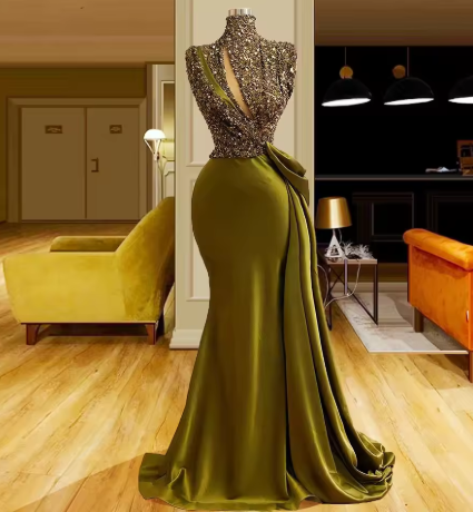 High neck vintage evening dresses long sparkly vintage elegant evening gowns  Y390