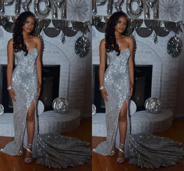 Mermaid Sweetheart Sweep Train Silver Sequined Prom Dress with Split Y1371