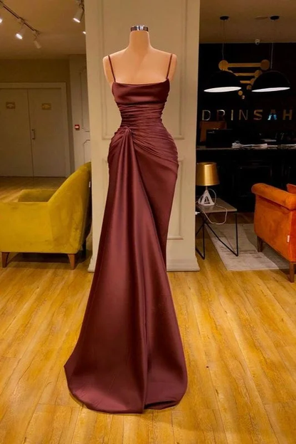 Charming Burgundy Spaghetti Straps Pleated Mermaid Prom Dress Long Evening Dress Y8052