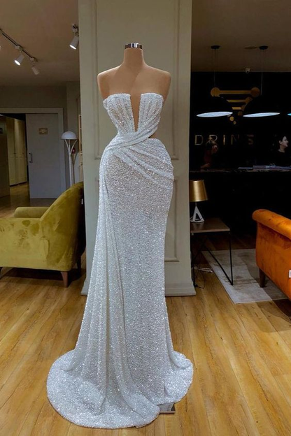 Sparkle White Long Mermaid Plunging V-neck Sequined Prom Dress Y4402