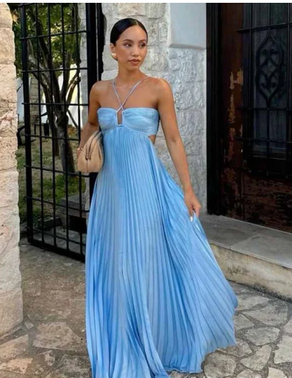 Sexy Blue Halter Spaghetti Strap A-line Long Prom Dress Backless Evening Dress Y8090