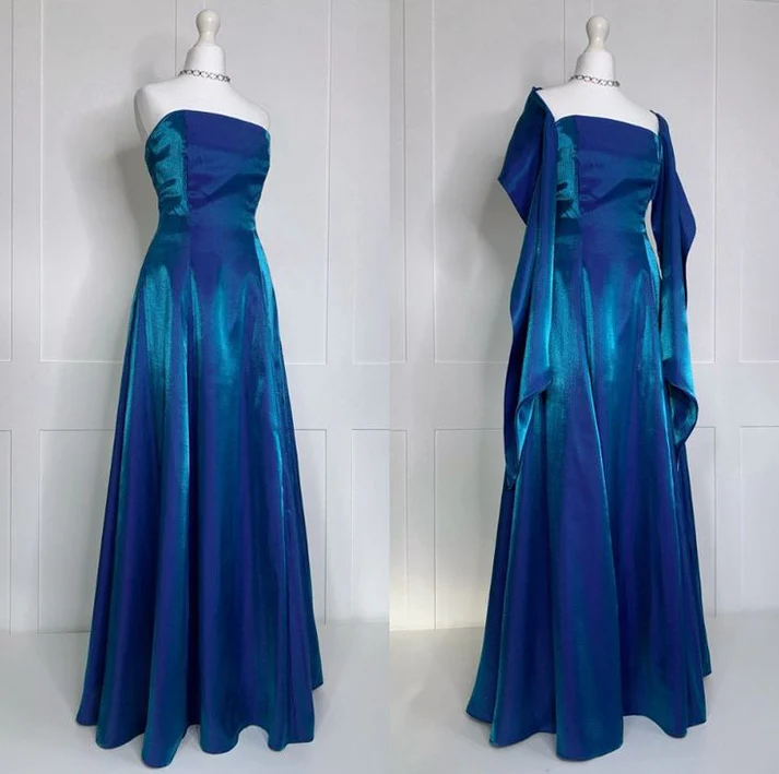 Unique Blue Strapless Satin A Line Prom Evening Dress Y8072