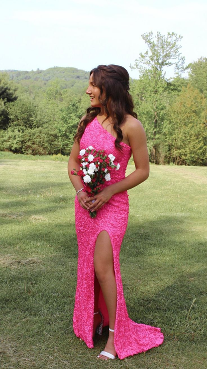 Pink Mermaid One Shoulder Sequin Prom Dress Y5031