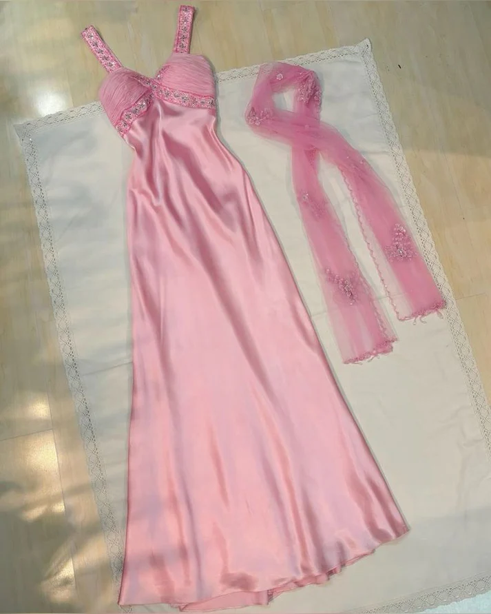 Pretty Pink Straps Satin A Line Prom Evening Dress Y8070