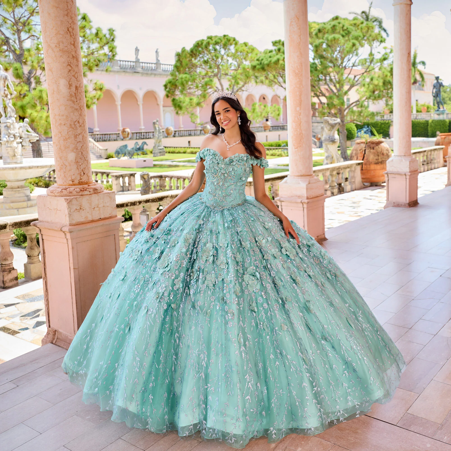 Emerald Green Hand Beaded Flower Ball Gown Quinceanera Dress Off Shoulder Sweetheart Gown Y293