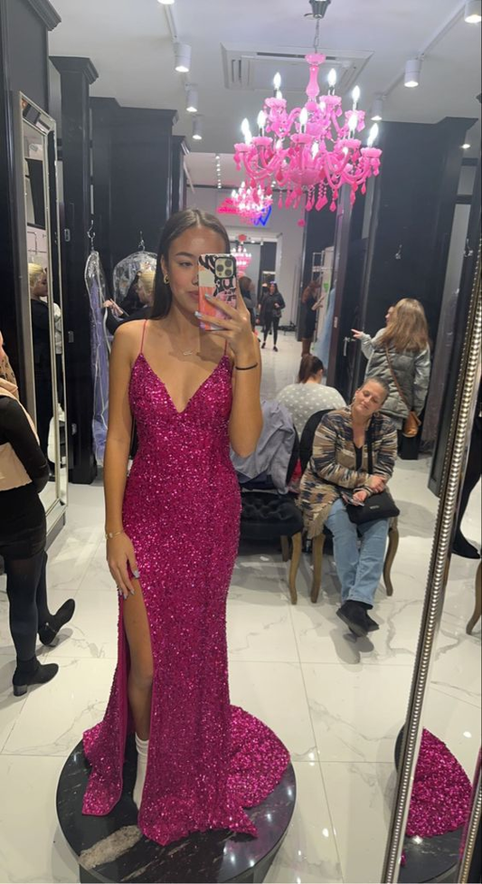 Fuchsia Sequins Mermaid Long Prom Dress with Slit Y6033