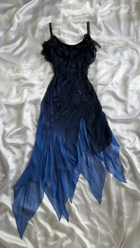 Luxurious Navy Blue Chiffon Beaded Evening Dress Formal Party Prom Dress Y7529