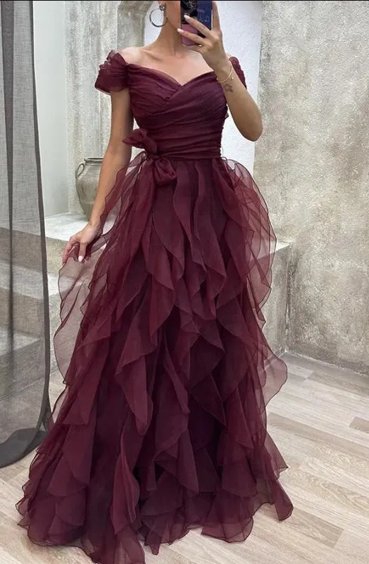 Off The Shoulder Purple Tulle Prom Dress,A-line Prom Gown Y5632