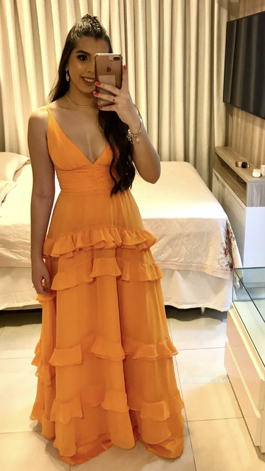 Elegant A-line Orange V Neck Long Prom Dress  Y2692