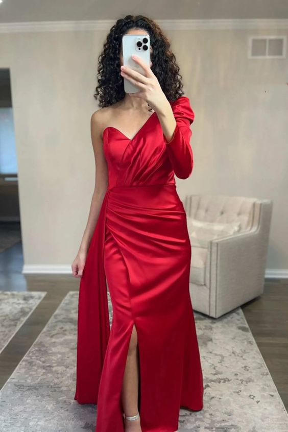 Asymmetrical Red One-Sleeve Mermaid Long Prom Dress with Slit Y6236