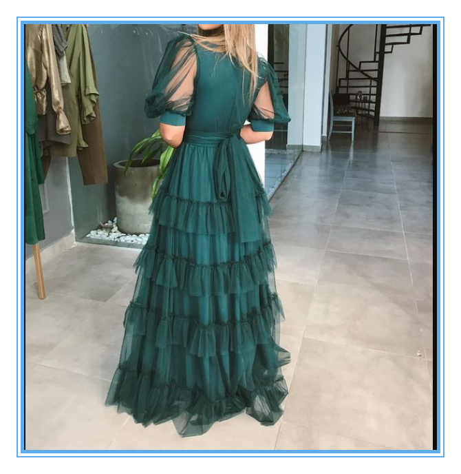 Charming V-neck Pleat Tiered Green A-line Prom Dress Simple Half Sleeves  Y4299