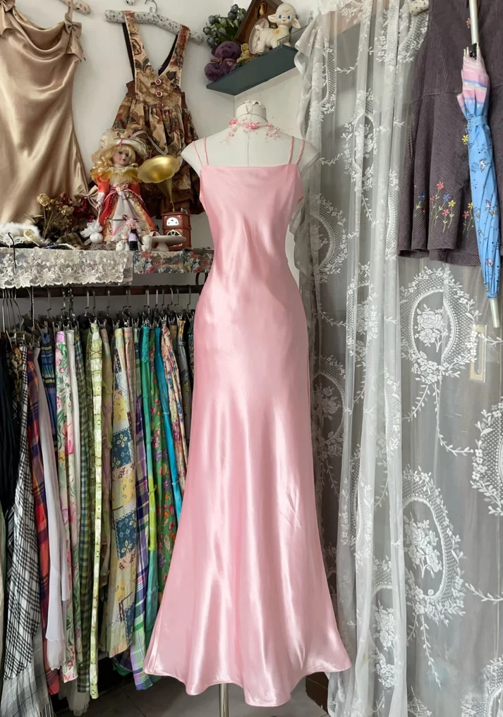 Chic Pink Spaghetti Straps Satin Mermaid Prom Evening Dress Y8104