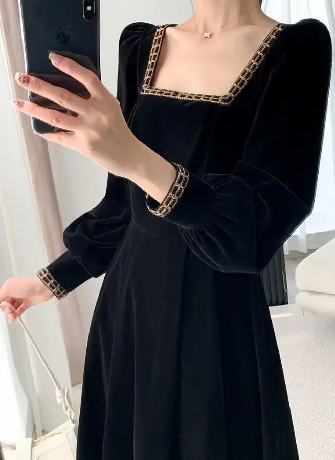 Velvet Dress Women Long Sleeve Square Neck Elegant Bodycon Patchwork Fashion Evening Dress Y6744