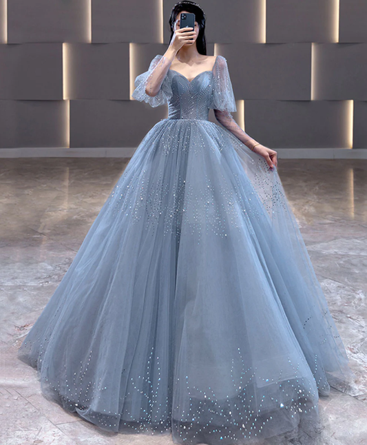 V Neck Tulle Sequin Blue Long Prom Dress, Blue Formal Graduation Dress Y4453