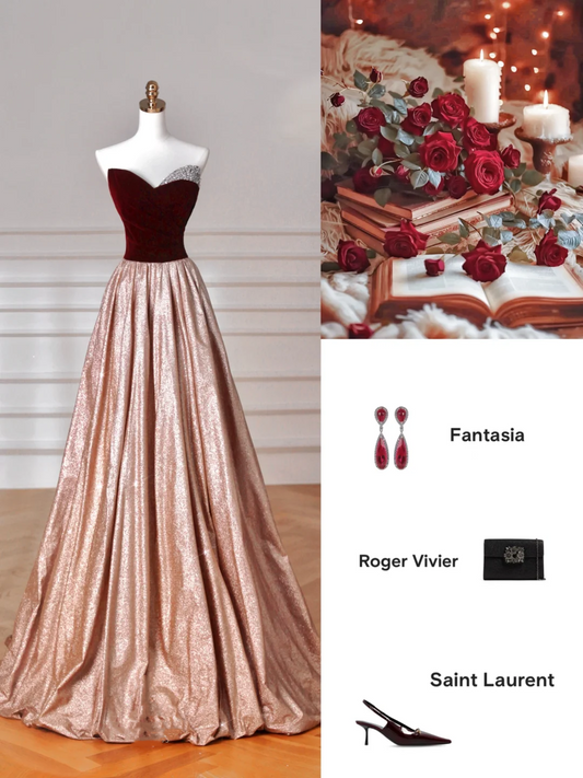 Vintage Strapless Velvet Satin A Line Prom Dress Long Evening Dress Y8627