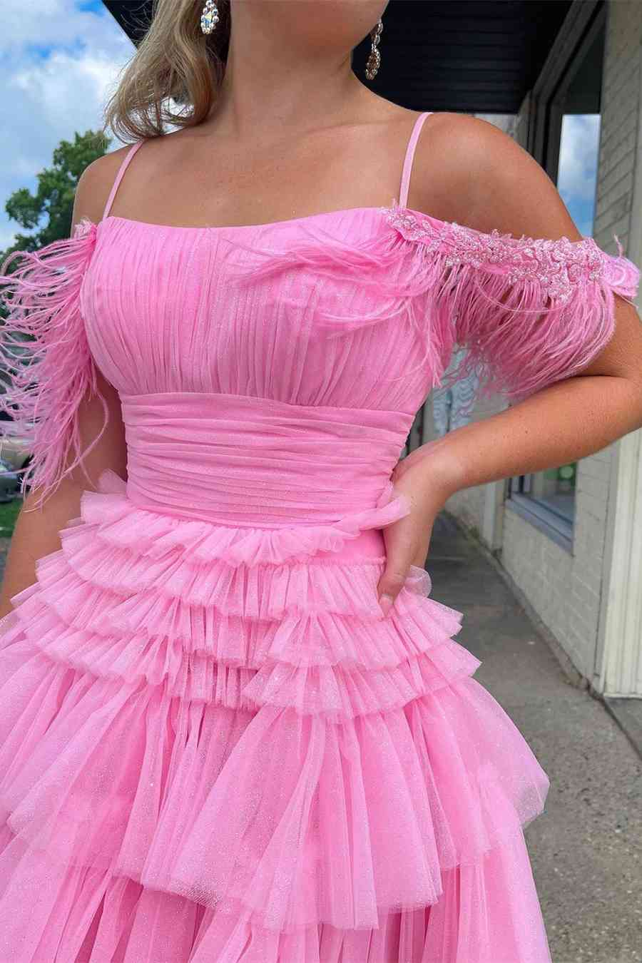 Pleated Hot Pink Cold Sleeves Tiered Tulle Party Dress,Short Homecoming Dress Y1955