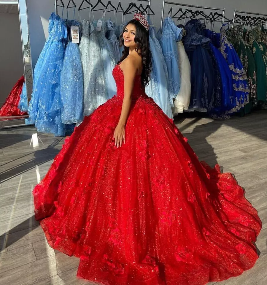 Beautiful Red Sequins Appliques Ball Gown，Strapless A Line Prom Dress Y8213