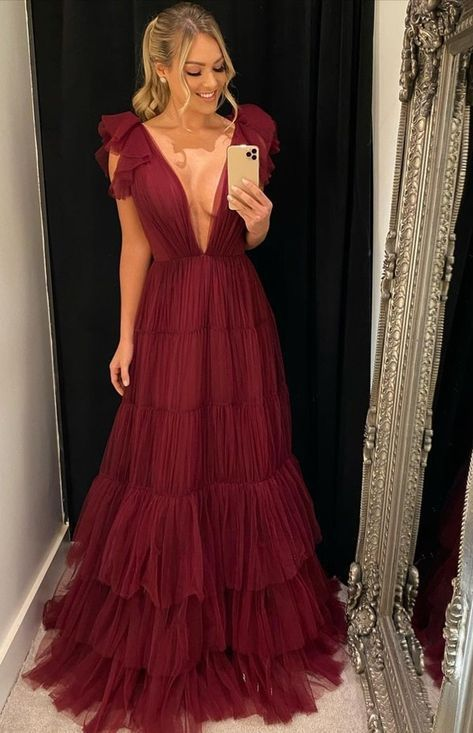 A-line Deep V Neck Tulle Evening Dress Y5931