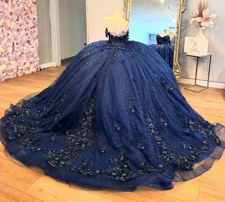 Beautiful Navy Blue Tulle Appliques Prom Dress Shiny Birthday Ball Gown Y7837