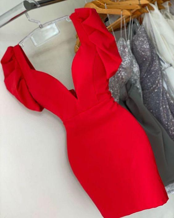 Elegant Red V Neck Party Dress,Red Homecoming Dress Y6040