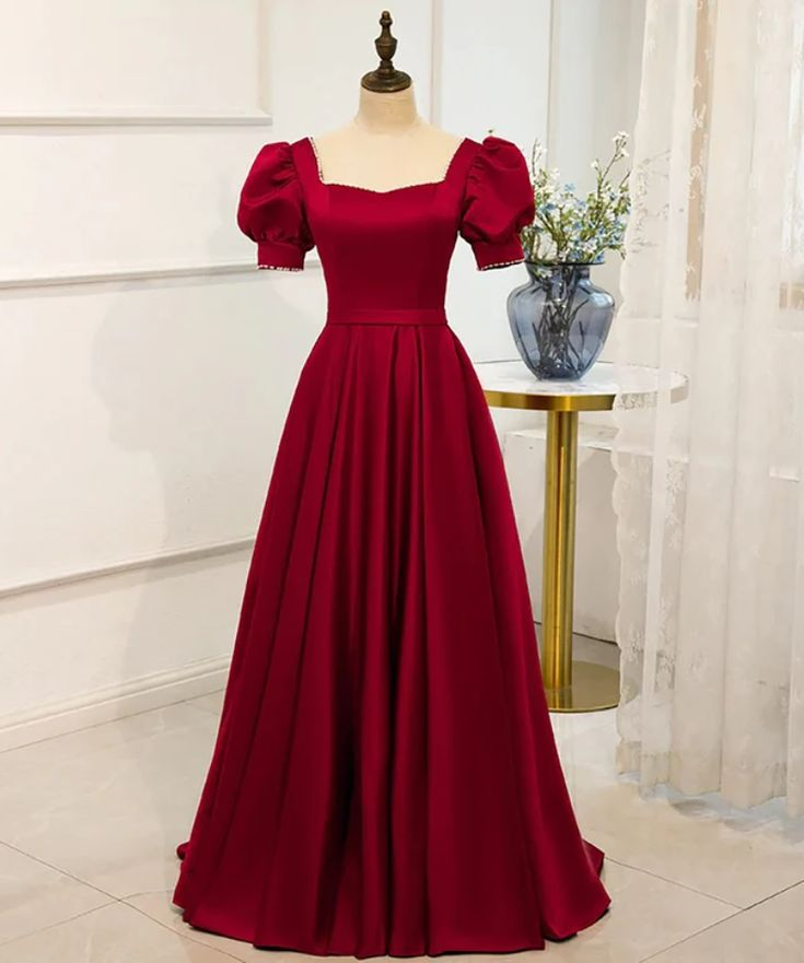 Red Satin Prom Dress Red Dress Puff Sleeve Victorian Dress Y5151