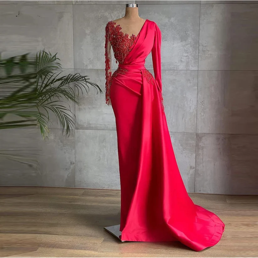 Long Red Satin Evening Dresses, Sheer Neckline Long Sleeve Beaded African High Slit Women Formal Prom Dress S24678