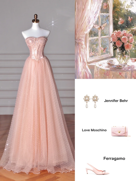 Pretty Peach Pink Strapless Sequins Tulle A Line Long Prom Dress Evening Dress Y8645